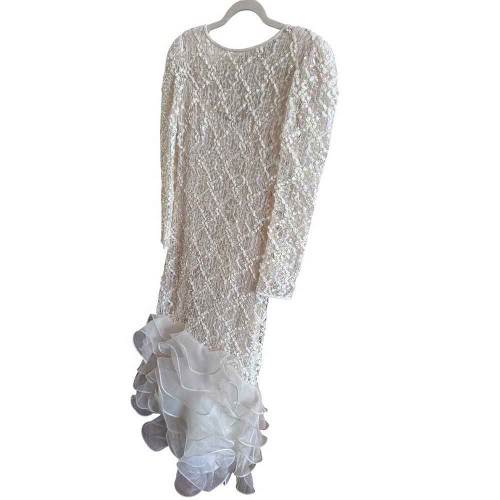 Vintage Pat Richards Cocktail Wedding Dress Ivory Lace Body Ruffled Hem *No Size - Picture 2 of 12